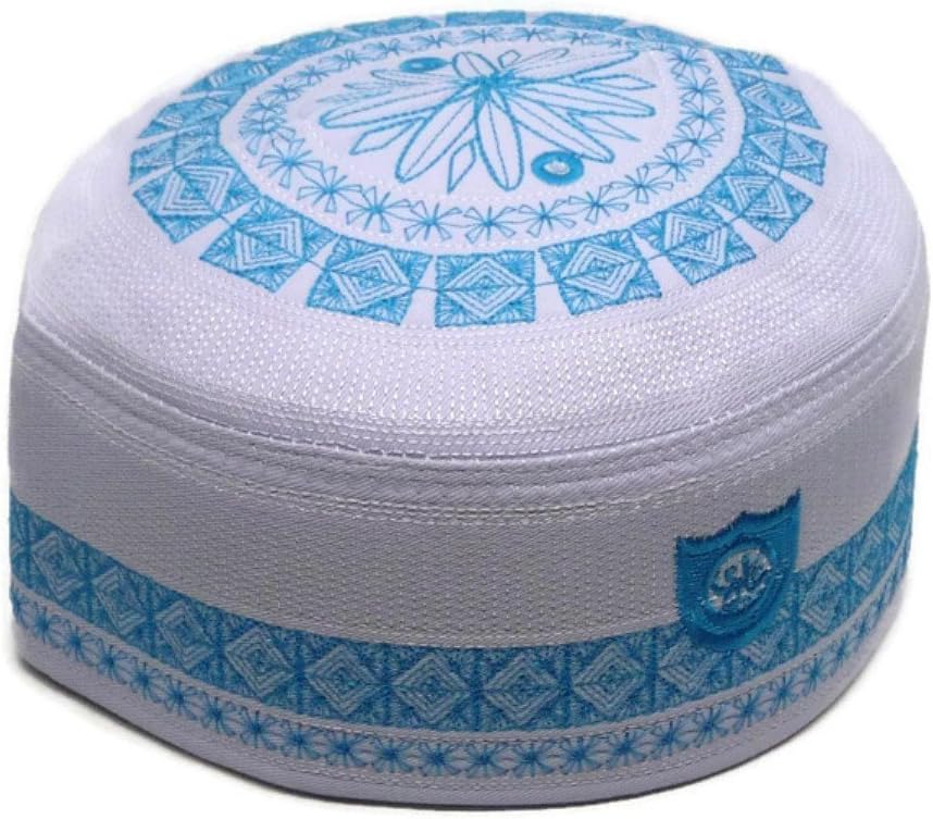 ALW009 Muslim Kufi Hat Prayer Cap Headware Islamic Skull Cap Ramadan Eid Gift (23 inch (Men), White/Blue)