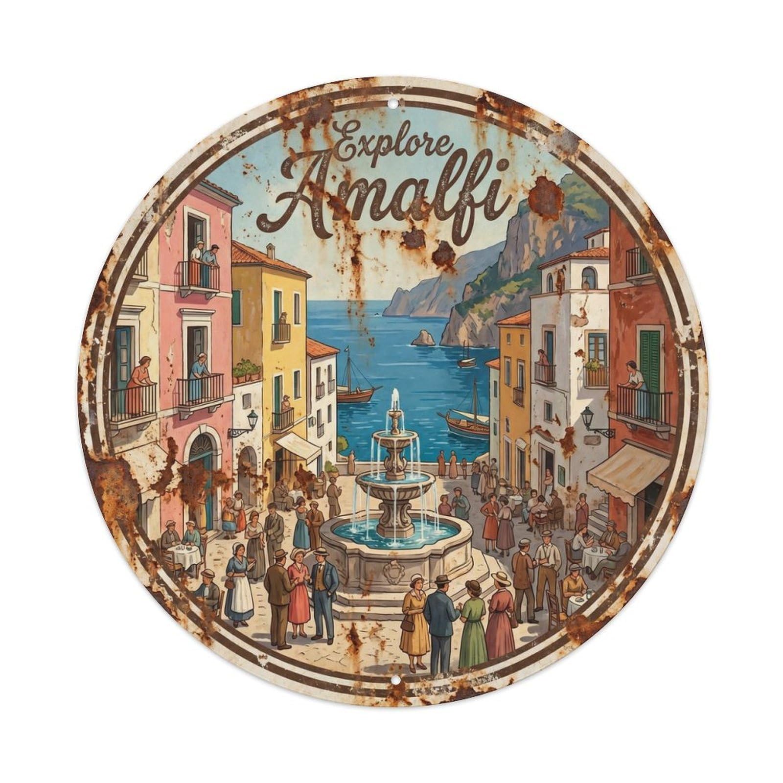 Vintage Travel Coastal Village Fountain Piazza Metal Tin Sign Plaque