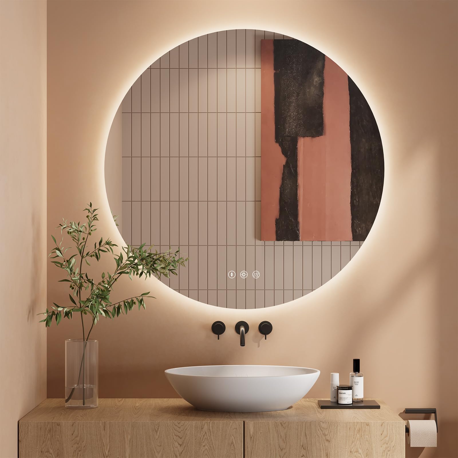 Specchio LED Con Sensore Di Movimento | Rotondo, Cornice Nera | Luce Dimmerabile 3 Colori | Antiappannamento IP44 | Per Bagno O Toeletta - 4