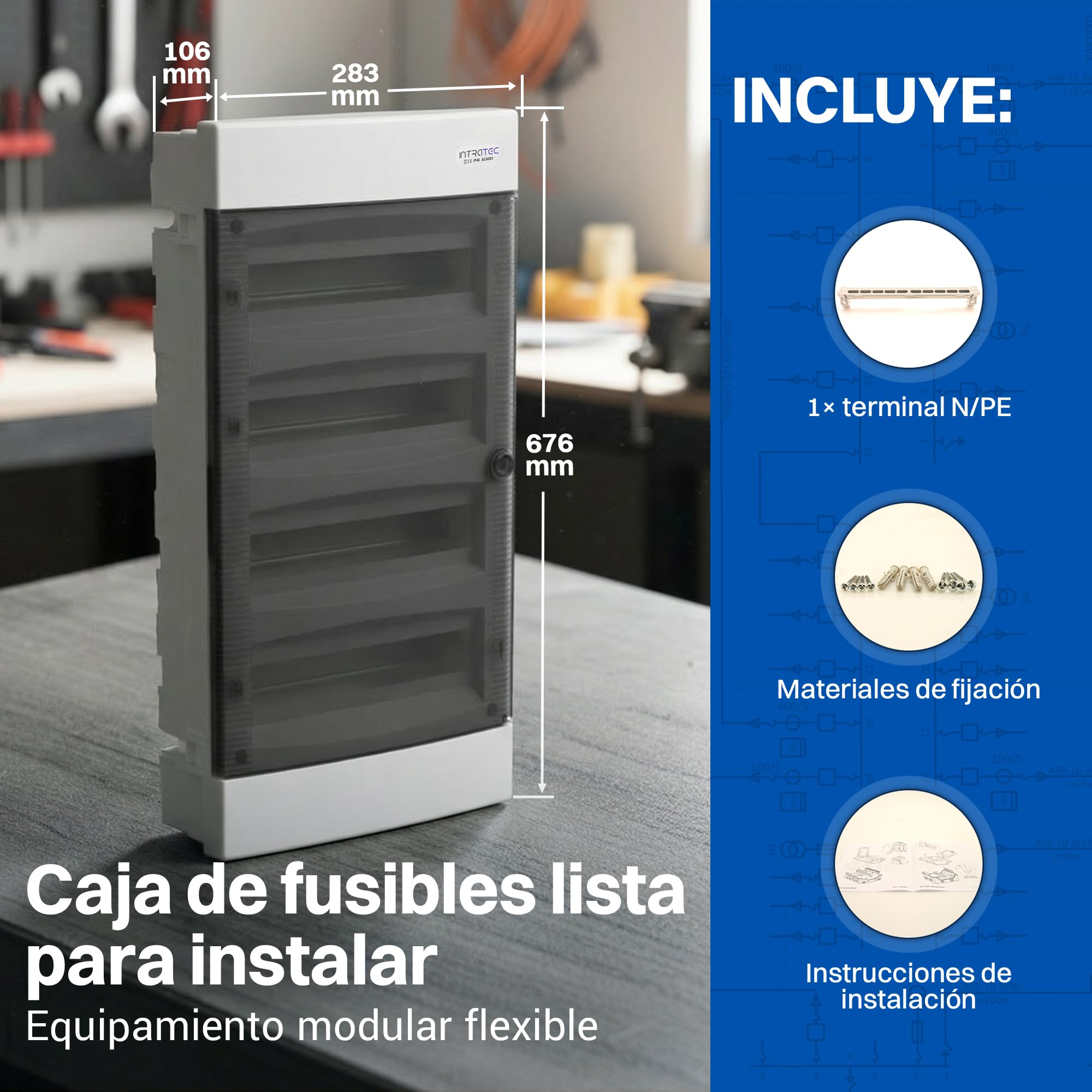 Intratec Caja de Distribución Empotrada 4 Fila – Caja de Distribución IP40 para 48 Módulos con Puerta Transparente y Riel para Instalación Eléctrica Fácil en Casa y Negocios – 676 x 283 x 106mm