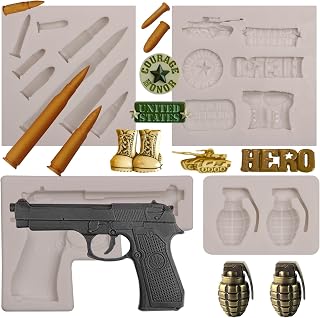 Soldier Hero Army Tank Silicone Molds Handgun Chocolate Mold Pistol Grenade Bullet Silicone Molds for Cake Decorating Cupcake Topper Candy Clay Set of 4