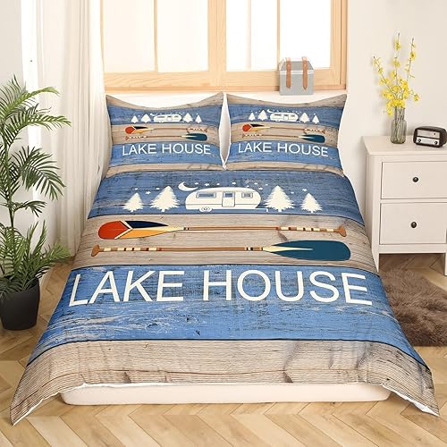 Miniatura 3 de Lake House - Juego de funda de edredón de tamaño individual, juego de ropa de cama de campamento feliz para niños y niñas, funda de edredón vintage