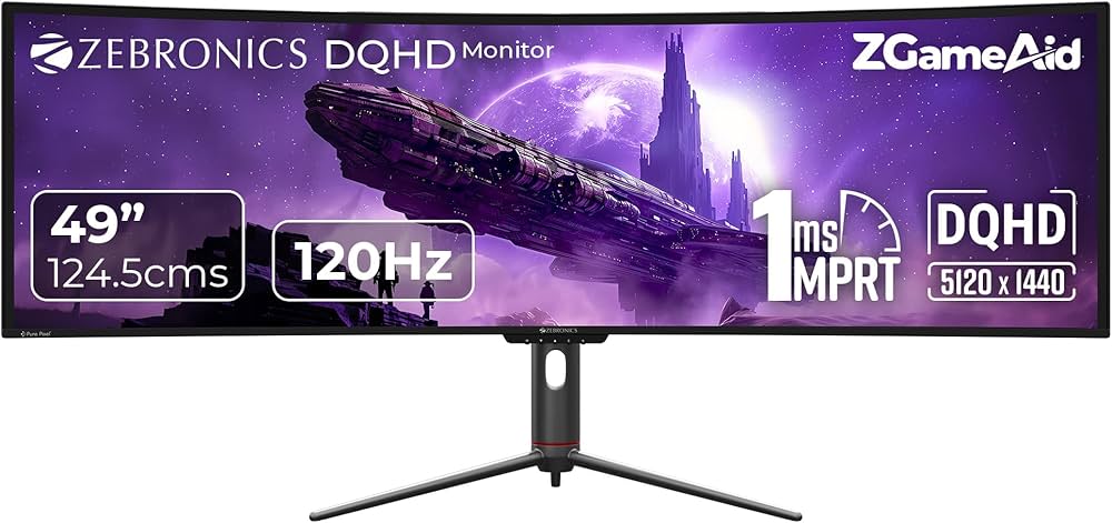 ZEBRONICS New Launch N49A 49"(124.5 cm) 1800R Curved Ultrawide Gaming Monitor, DQHD 5120x1440, 400Nits, 120Hz, 1ms MPRT, HDR400, 99% sRGB | 95% DCI-P3...