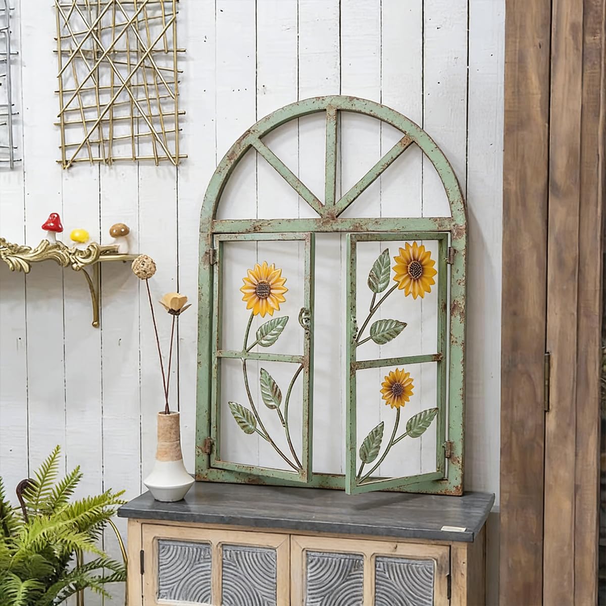 Rustikale Deko-Fenster mit Bogen zum Öffnen Stallfenster auf Platte Eisenfenster Scheunenfenster Wetterfest Fensterrahmen Fensterladen Fenster Attrappe Wanddekor für Gartendeko Grün S