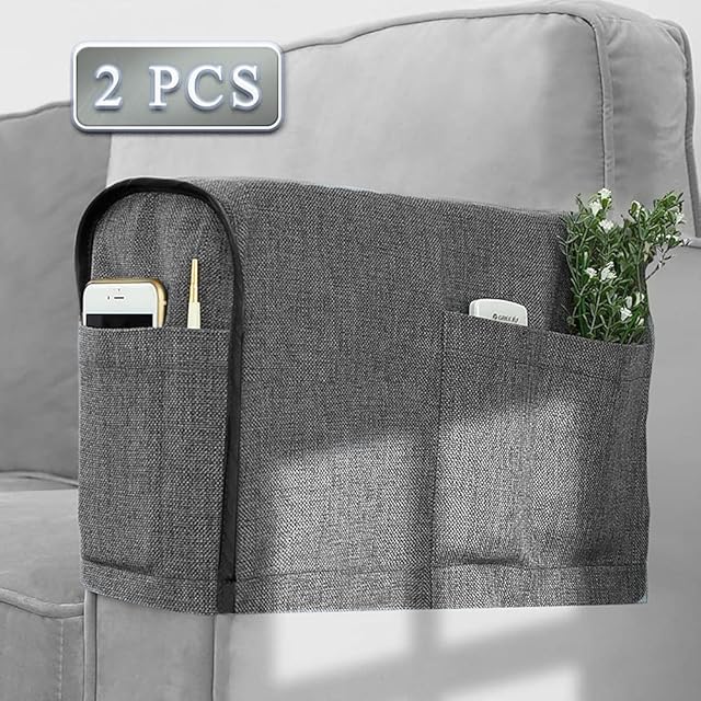 Joywell Recliner Narrow Linen Armrest Covers for Living Room Anti-Slip Sofa Arm Protector for Dogs, Cats, Pets Armchair Slipcover for Couch with 4 Pockets for TV Remote Control, Phone, Set of 2, Gray