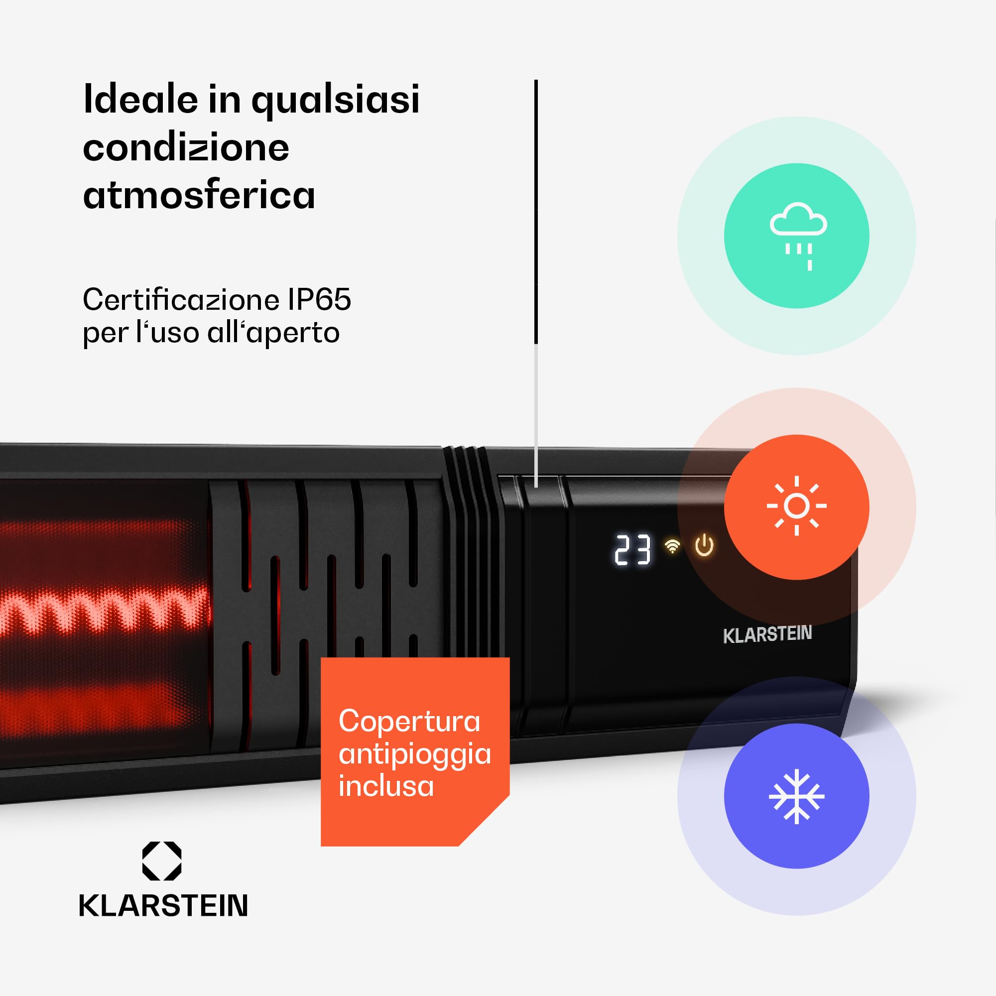 Klarstein Pannelli Radianti a Infrarossi 2000W – Da Parete, IP65, 9 Livelli, WiFi & App, Timer, Silenzioso, Riscaldamento a Infrarossi per Esterni 15m², Telecomando