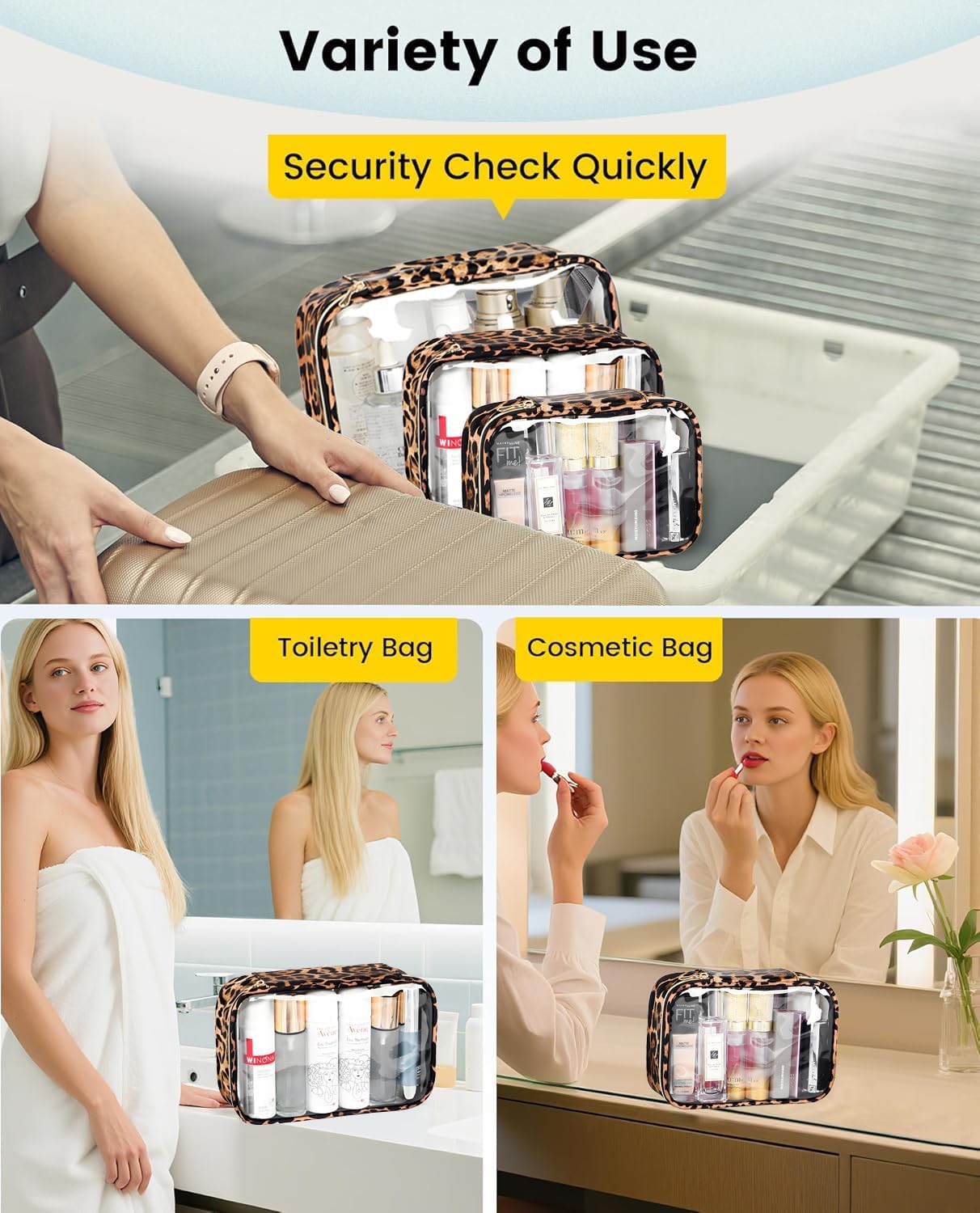 Clear TSA Approved Toiletry Bag - Leopard Clear Makeup Cosmetic Bag with Zipper, Travel Essential Organizer for Women, Ideal for Carry-on Luggage (3-Pack Large) - Image 5