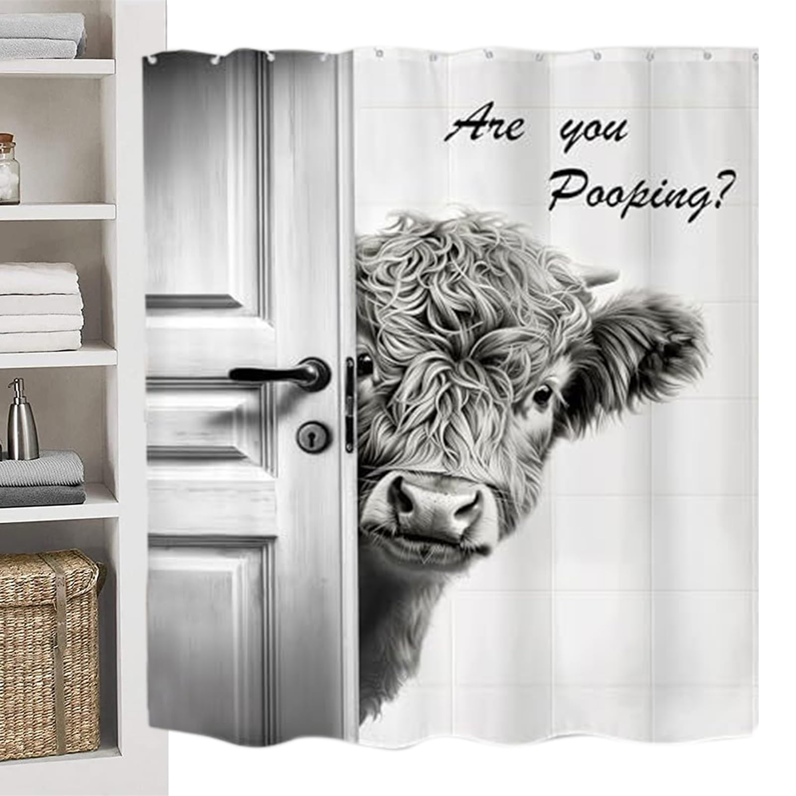 Rideau de douche vache étanche déco salle de bain style vintage et champêtre avec crochets