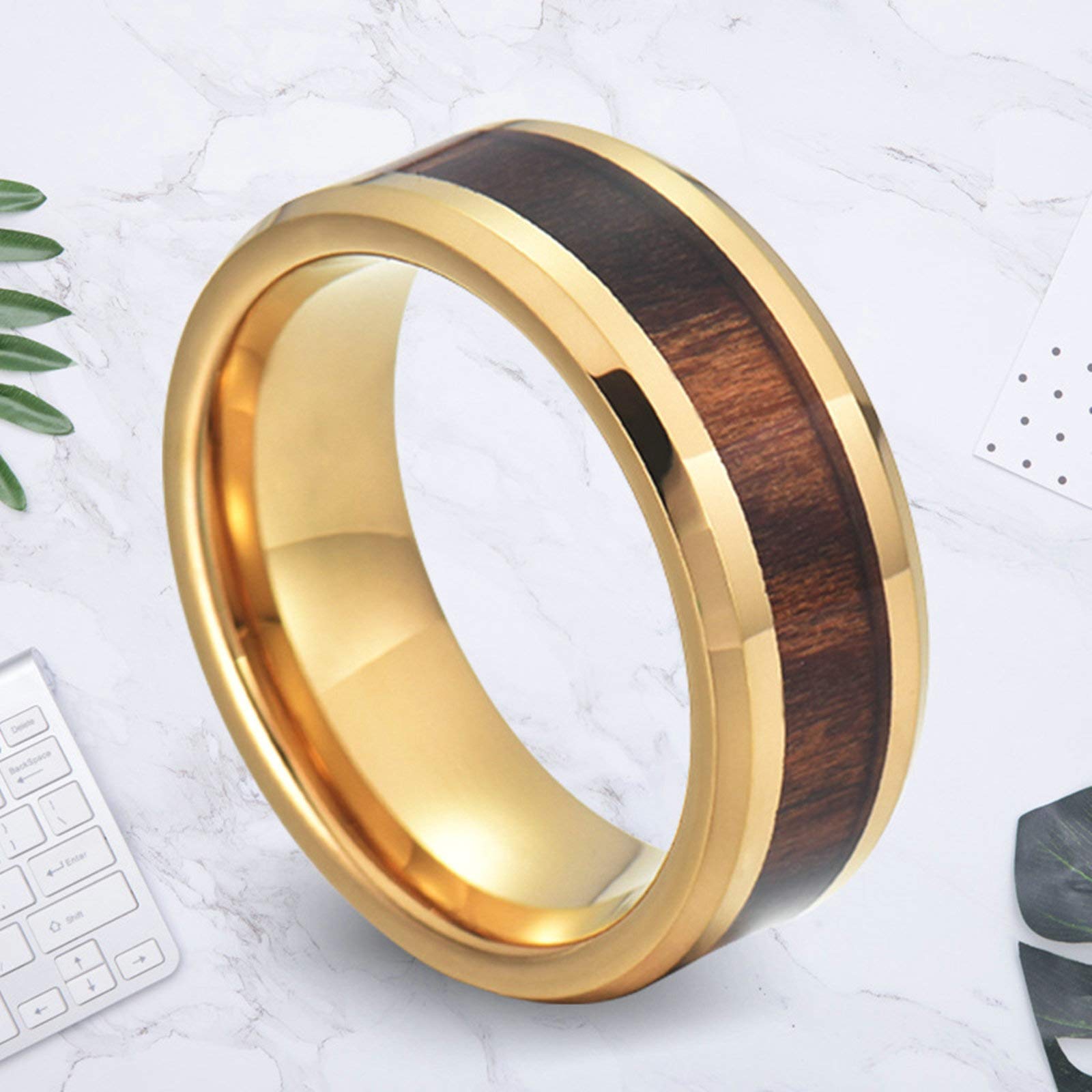 Aeici Anello Inciso Donna Uomo, Anelli Uomo Oro Tungsteno Anello in Legno d'oro 8mm Bordo Smussato Donna Misura 17 & Uomo Misura 20
