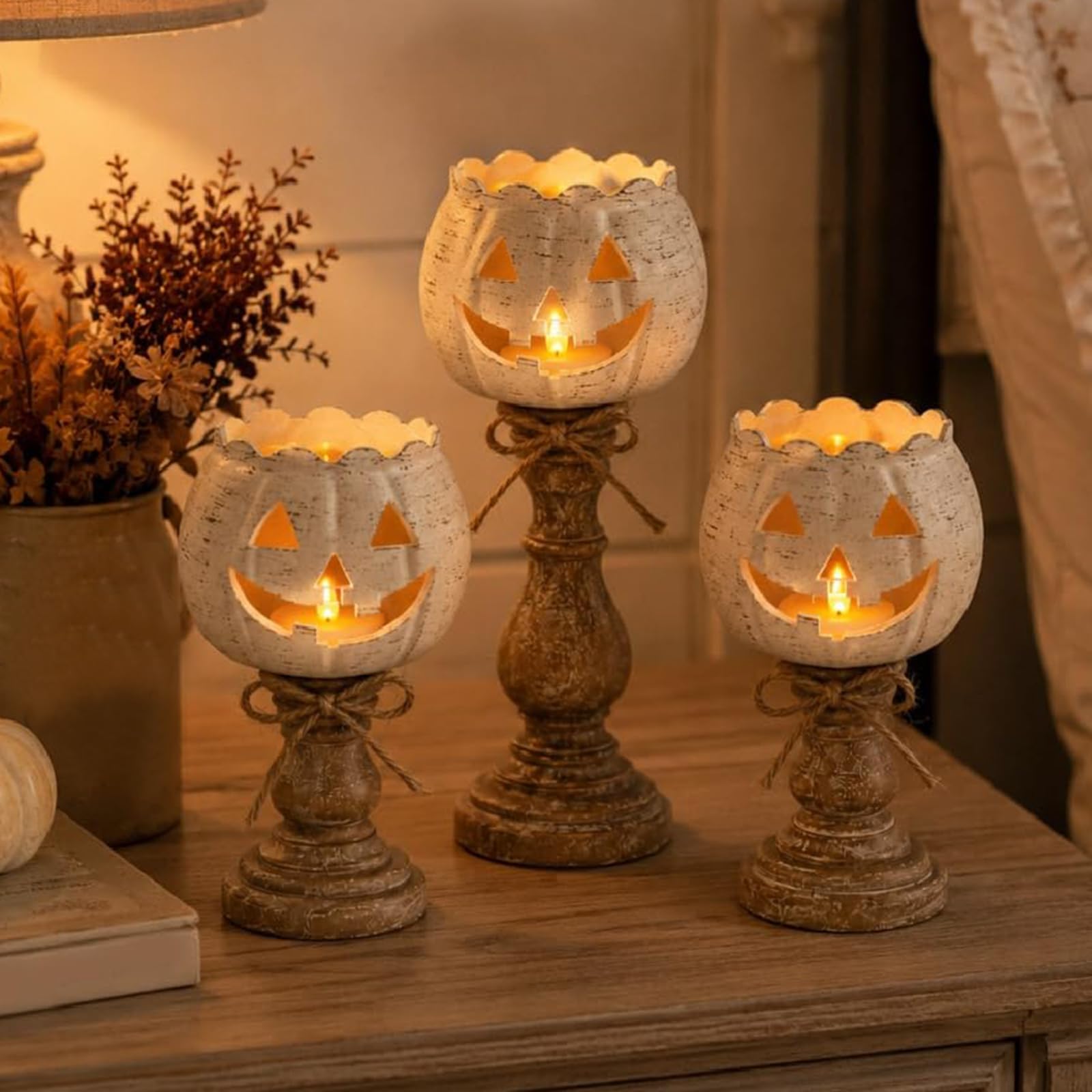Rustic White Pumpkin Tealight Holders, Halloween Fall Table Centerpiece