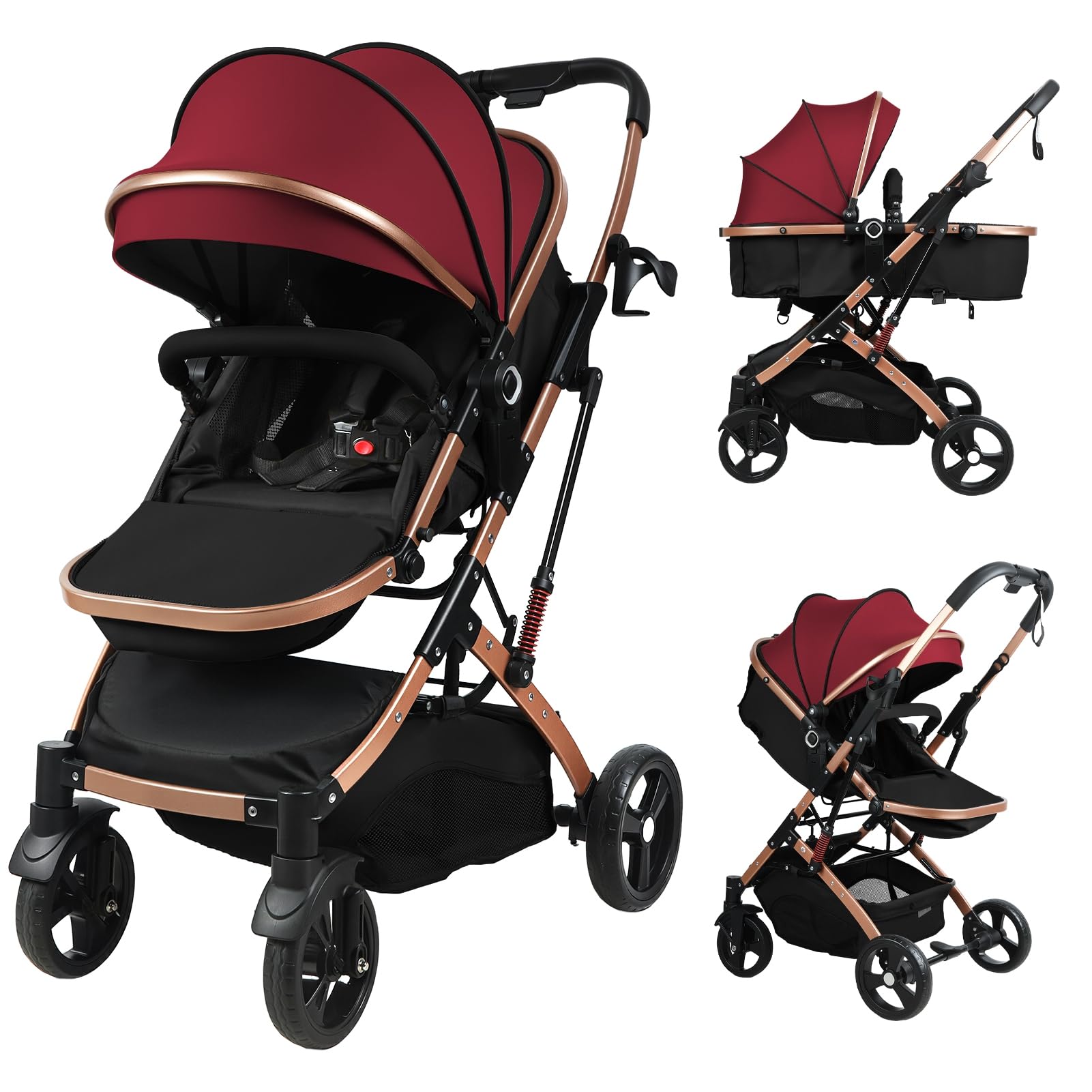 Poussette bébé 2 en 1 avec nacelle réversible, pliable à une main, naissance 0-36 mois, dossier réglable, capote ajustable, siège bébé haut, amortissement, harnais 5 points Vin rouge