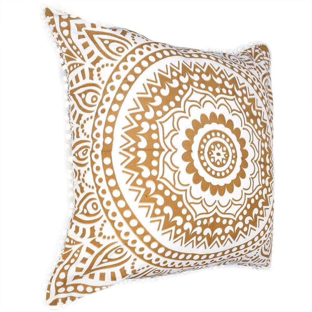 Nidhi 65x65 cms Euro chams, White and Golden, Tye and Dye Mandala Square Floor Pillows, Boho and Otoman Style Cushions