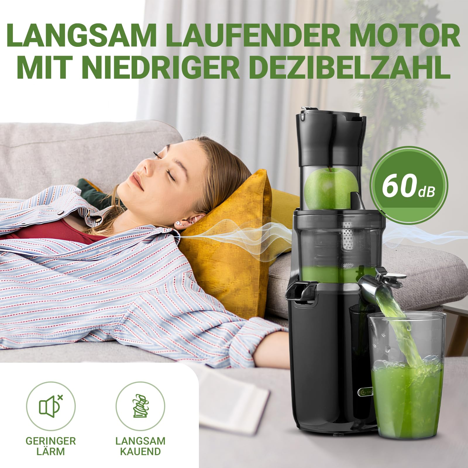 AMZCHEF Ganzfrucht Entsafter - 80MM große Öffnung Slow Juicer - Entsafter Gemüse und Obst Testsieger mit Verbesserter Schnecke, Doppelschicht Filter, Retro Kippschalter, Leiser Motor - Schwarz