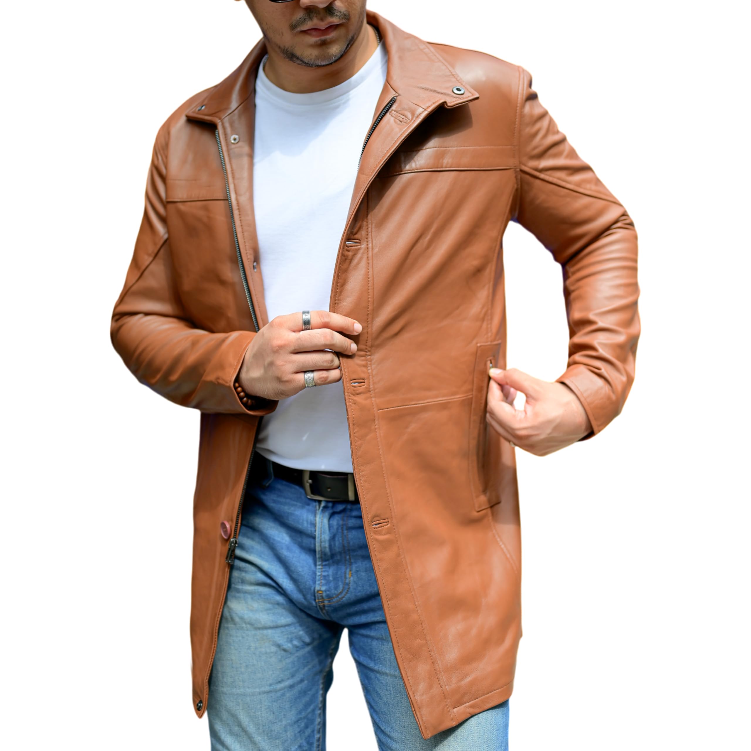 Jild Leather Trench Coat Men - 3/4 Length Casual Car Coat Style Lambskin Long Leather Jacket Men