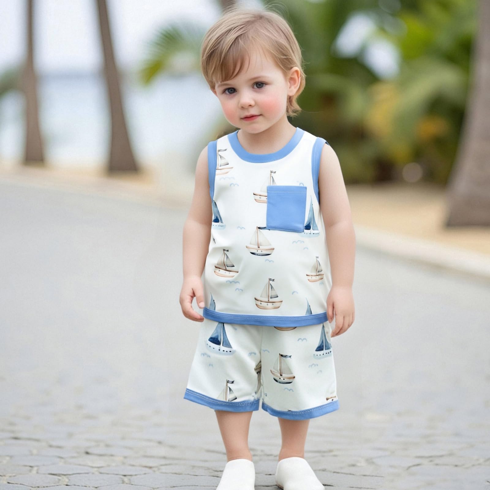Toddler Baby Boy Summer Outfit Sleeveless Tank Tops + Casual Shorts Set 2 Piece Infant Beach Clothes (Sailboat White, 12-18 Months)