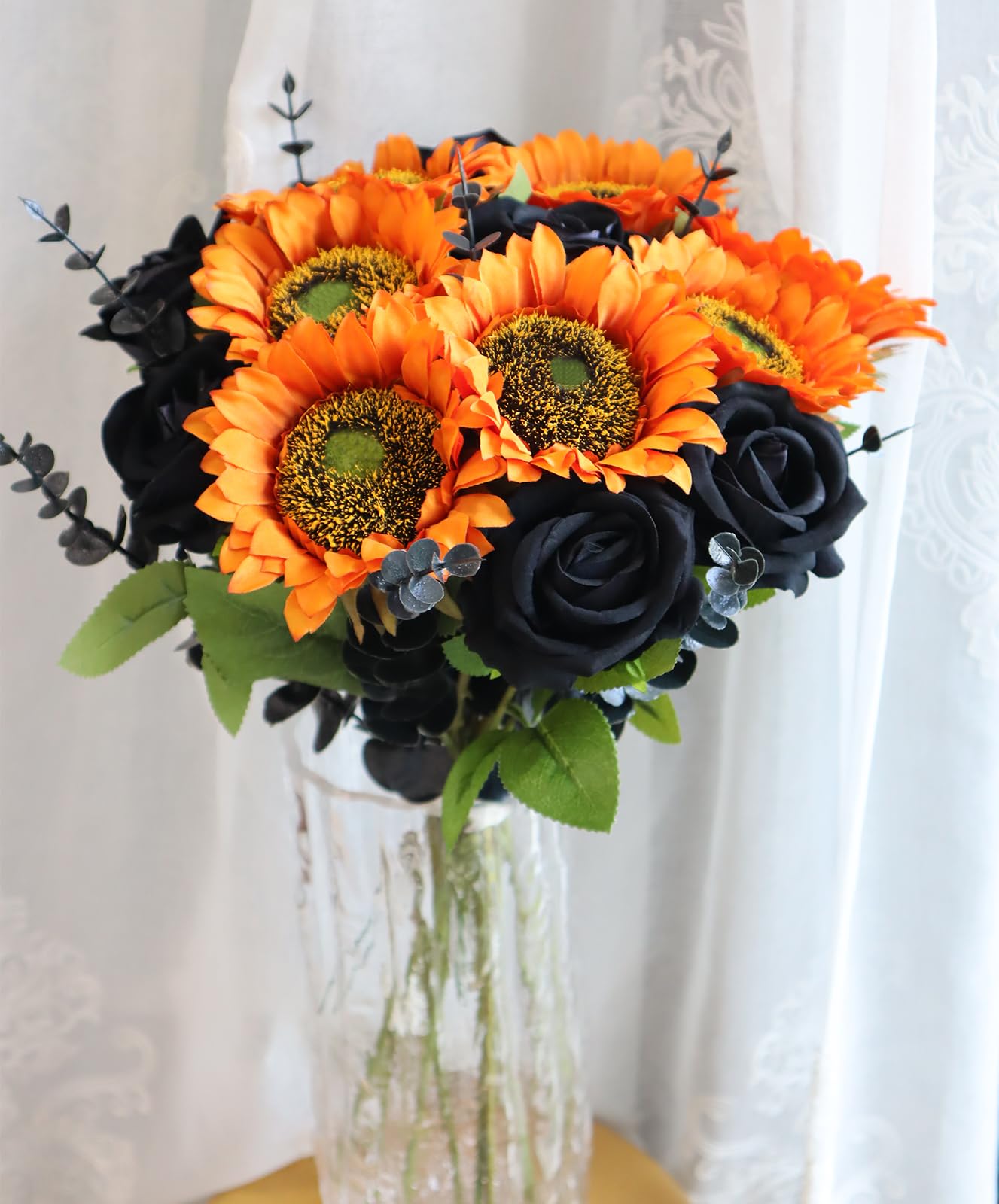 Asano Season 24PCS Fake Rustic Combination Flowers Artificial Black Long Single Stem Flowers Include Fall Orange Sunflowers Black Roses and Eucalyptus Stems for Halloween Home Party Decoration