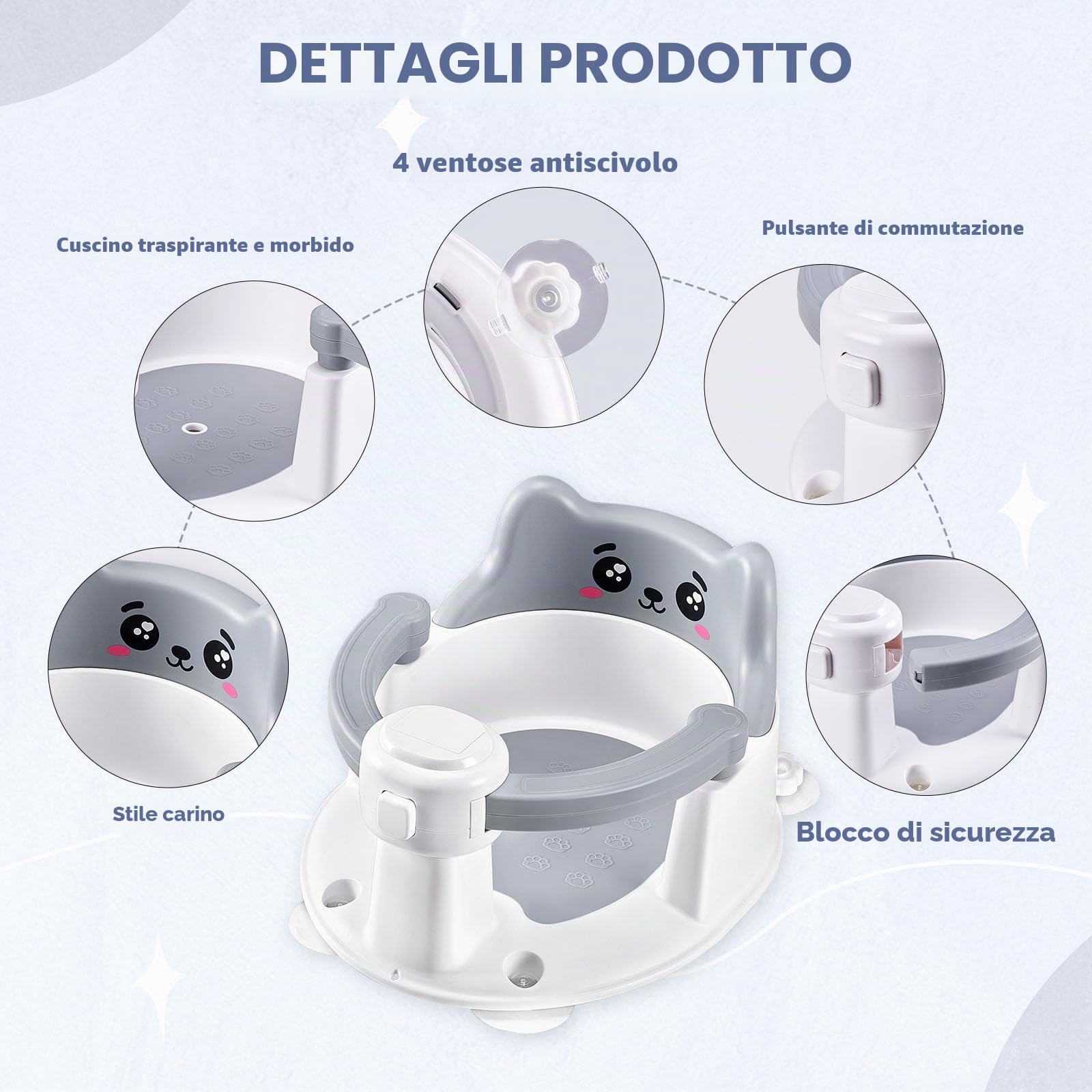Seggiolini Per Bagnetto, Seggiolino Doccia Neonato, Seggiolino per Vasca da Bagno per Bambini a Partire da 6 Mesi, con 4 Potenti Ventose, per Doccia o Vasca