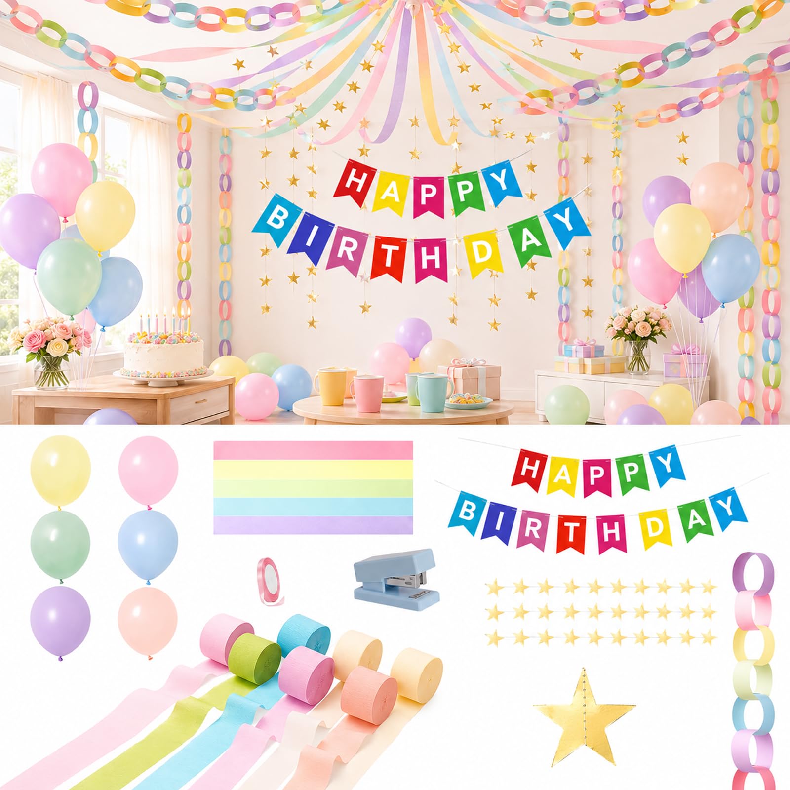 Kit de cadenas de papel para fiestas con globos, guirnalda de estrellas y