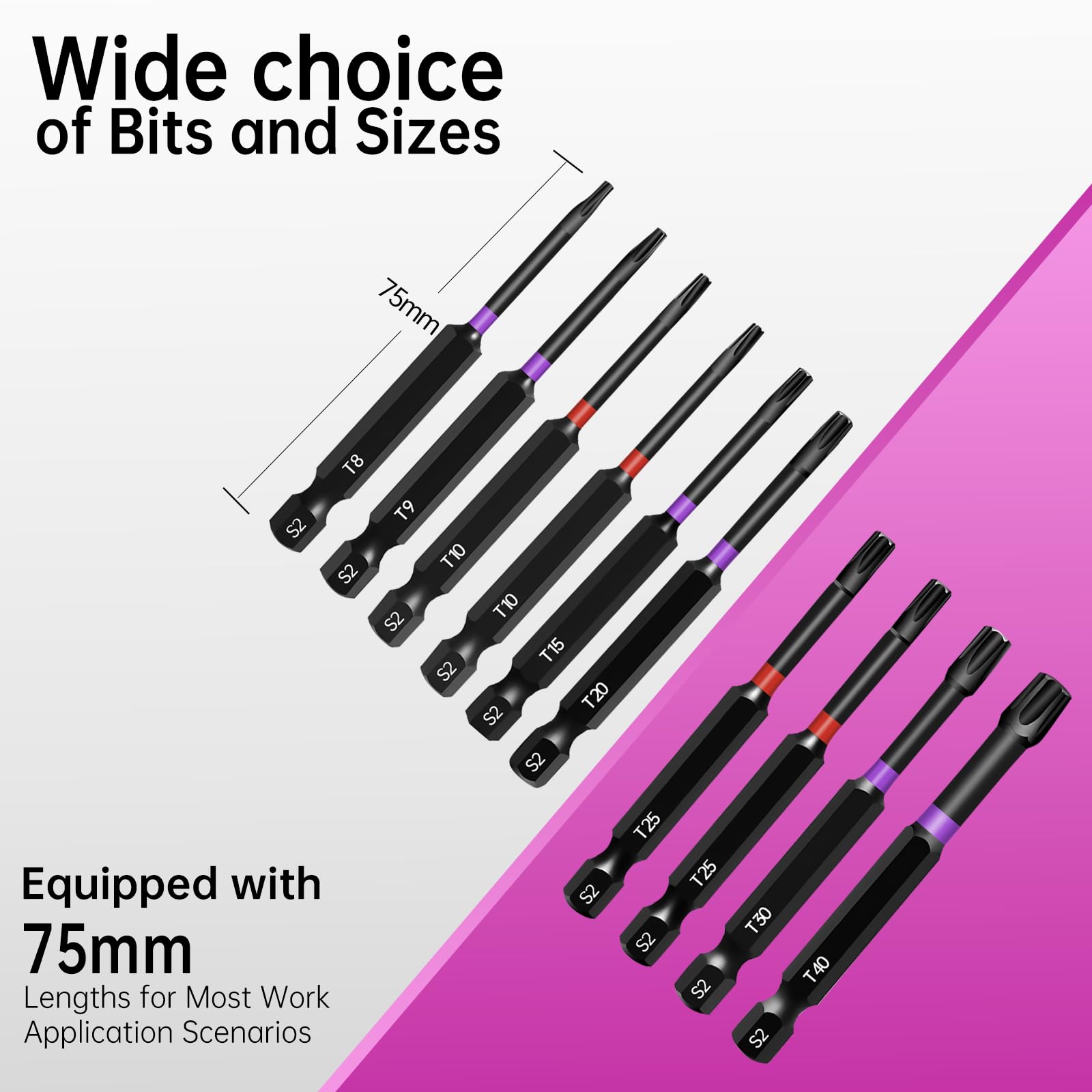 KASAFE 75mm Impact Magnetic Security Torx Bit Set S2 Steel T8-T40 1/4" Hex Shank Star Bits for Car Maintenance Woodworking Furniture Assembly Mechanical Repair Cabinet Installation - Image 2