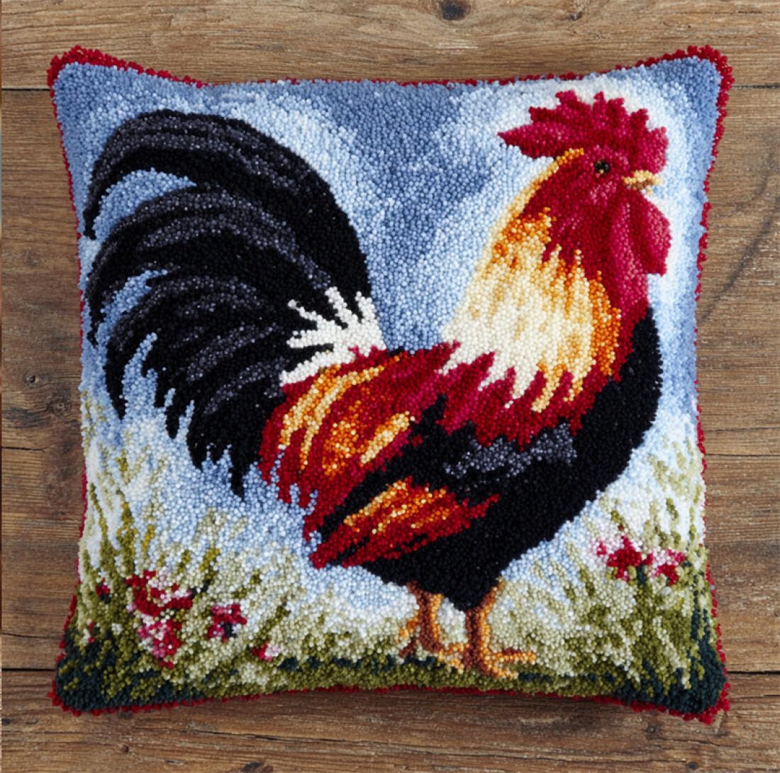 Kitquiver Animal Latch Hook Cushion Craft Kits Colorful Rooster DIY Latch Hook Rug Kit for Beginners Embroidery Cushion Canvasfor Adult Beginners 17x17In