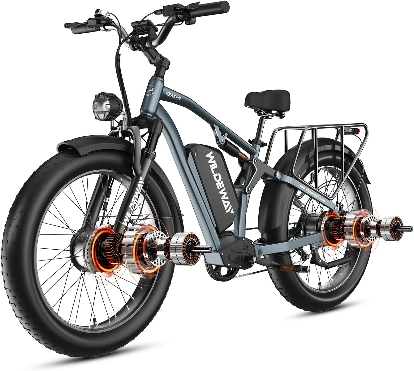 Wildeway 26‘’ Fat Tire Dual Motor Electric Bike for Adults, 32MPH 3000W Ebike, 52V 25Ah Battery, 80 Miles Range, Full Suspension All Terrain Off-Road eBike, Hydraulic Disc Brakes, Snow Sand Mountain