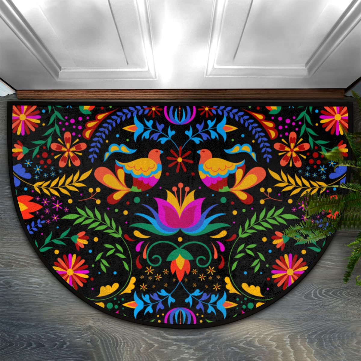 Mexican Flowers Bird Half Round Door Mat,Indoor Entrance Rug, Semi Circular Area Rug, Kitchen Floor Mats Non Slip Absorbent Doormats,Laundry Room Rug 24"x 36"