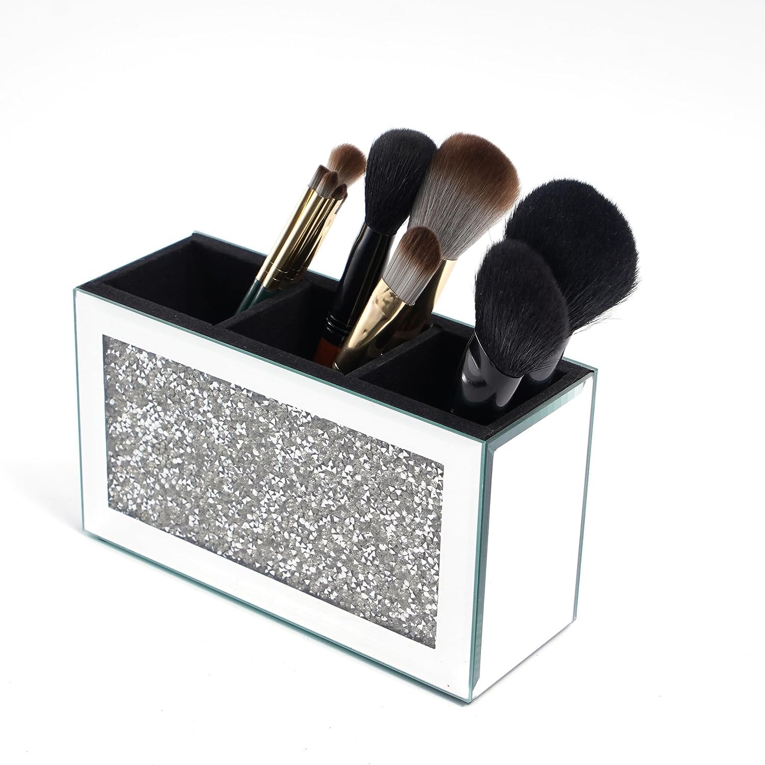 Sparkly Diamond Crush Crystal Effect Silver-Black Mirror Makeup Brush Holder Dressing