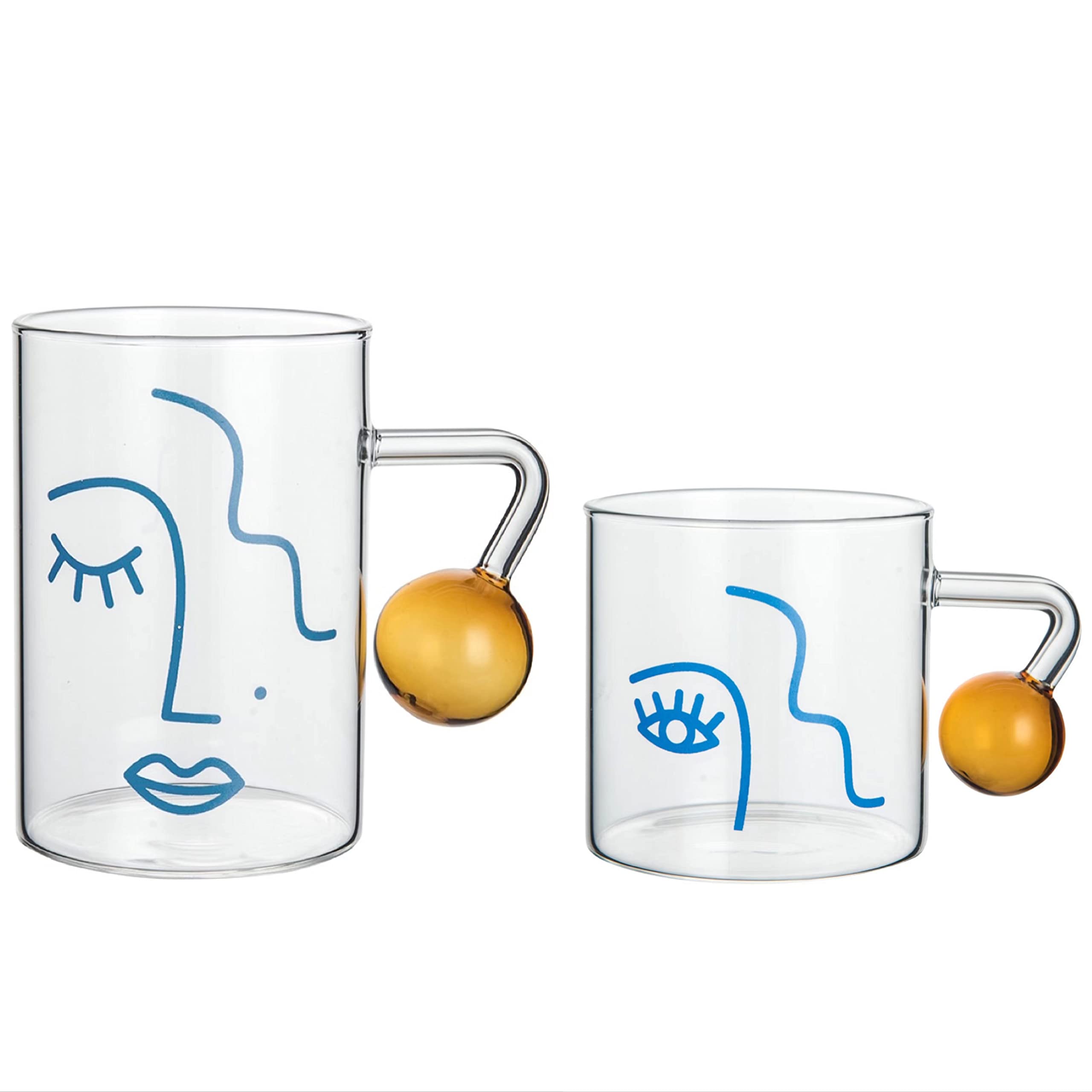 2PC Minimalist Line Glass Mug with Handle Modern Abstract Woman's Face Art Glass Cup Female Face Clear Glass Mug for Coffee Milk Tea Breakfast Heat-resistant Drinkware 9oz/14oz (9oz&14oz)