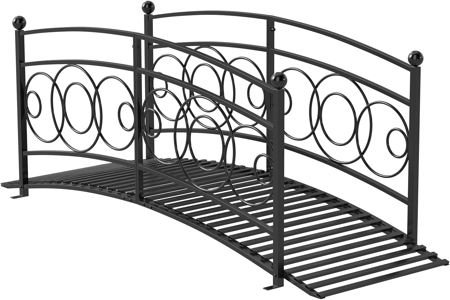 6 Ft Garden Bridge - Metal Footbridge for Outdoors, Safety Side Rails with Fashionable Patterns, Decorative Garden Arch Walkway for Stream, Pond, Creek, Black