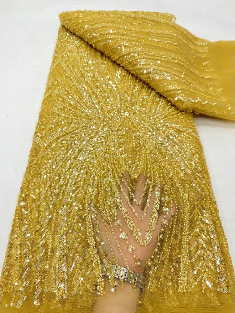 Tela de Encaje Africano con Lentejuelas Bordadas y Cuentas para Novias y Bodas