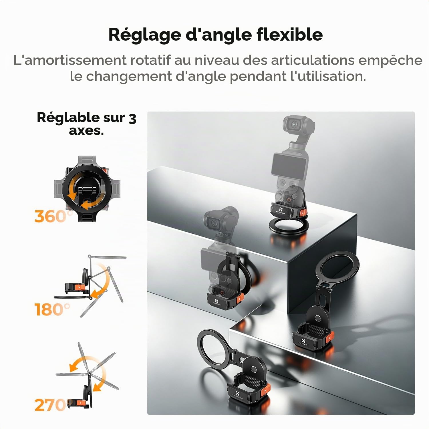 K&F CONCEPT Cadre d’Extension Magnétique Compatible DJI Osmo Pocket 4/4P/3 | En Aluminium, Réglable 3 Axes, Compatible Mag-Safe, Ports Complets, Stand Bureau, Anti-Rayure - PP62