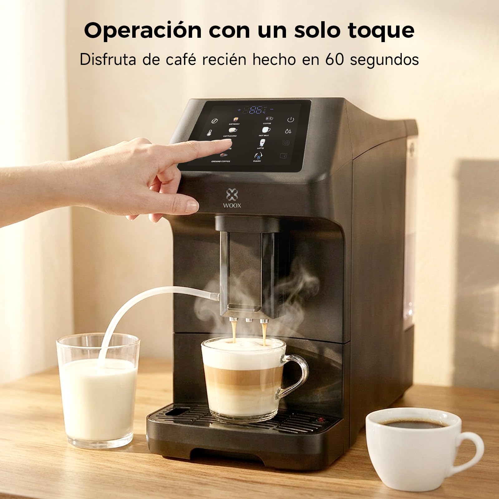 Woox Cafetera Superautomática de 20 Bares – Máquina de Café con Molinillo y Espumador de Leche, Tanque 1,5L, One-Touch, Autolimpieza, Cafetera Profesional para Hogar y Oficina