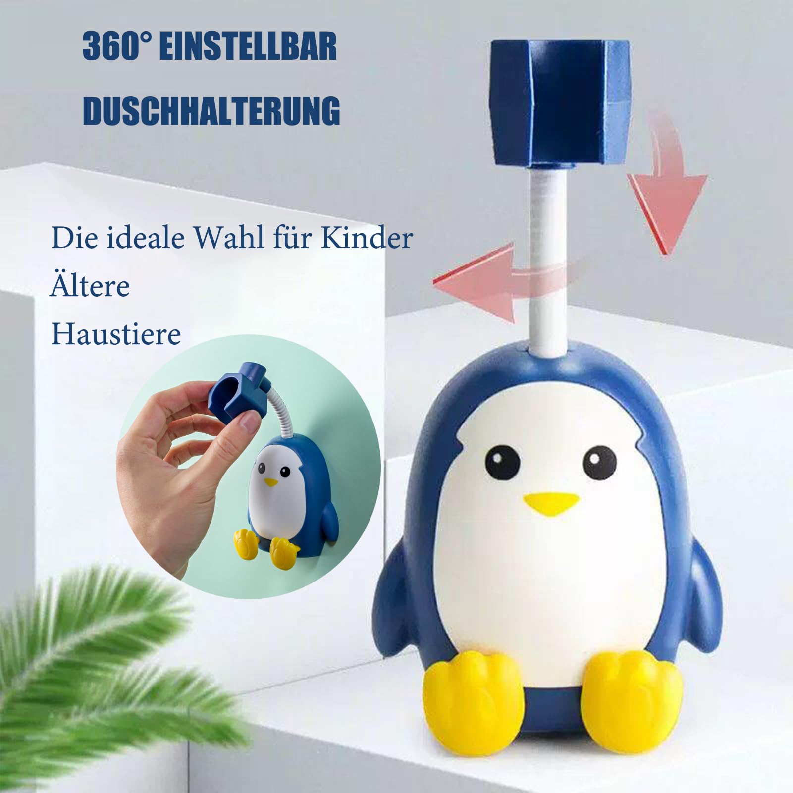 MIUPOO Duschhalterung ohne Bohren Silikon Saugnapf Handbrause Halterung Duschstabhalter Duschkopfhalter Wandhalterung Pinguin Cartoon Duschhalterung, 360° Verstellbar,2 Stücke