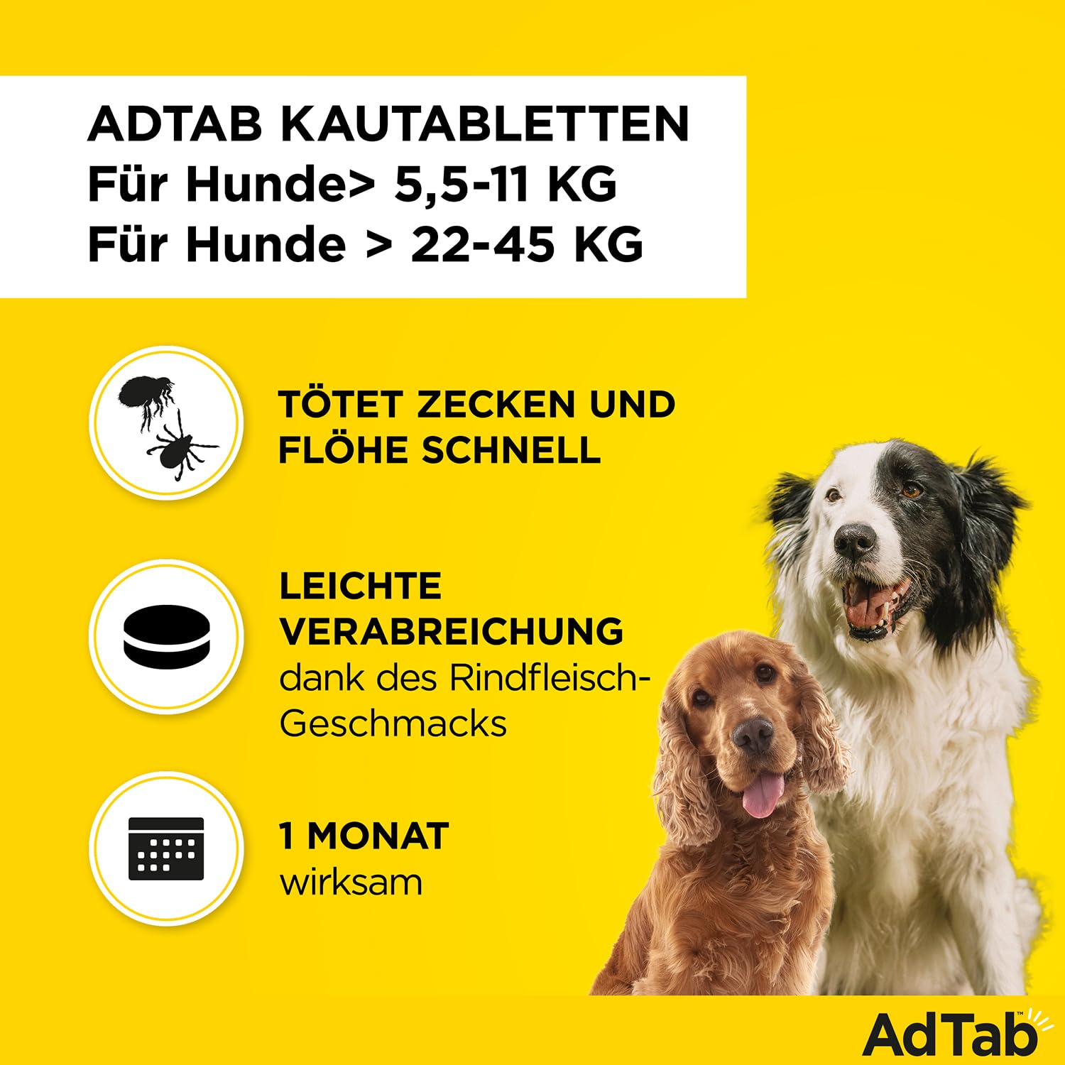 AdTab Kombi-Set: Zecken- & Flohschutz für 2 Hunde in verschiedenen Größen (>5,5-11 kg & >22-45 kg), 2 Packungen mit je 3 Kautabletten, einfach zu verabreichen & schmackhaft