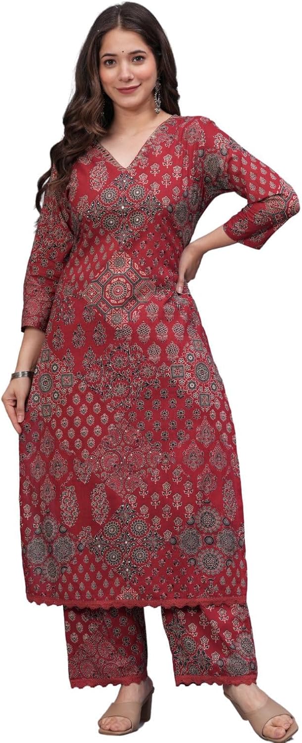 Compatible With rytras Women's Pure Cotton Printed Straight Kurta Set with Palazzo Pants - Ethnic Wear, Maroon(RYT618-New,S)