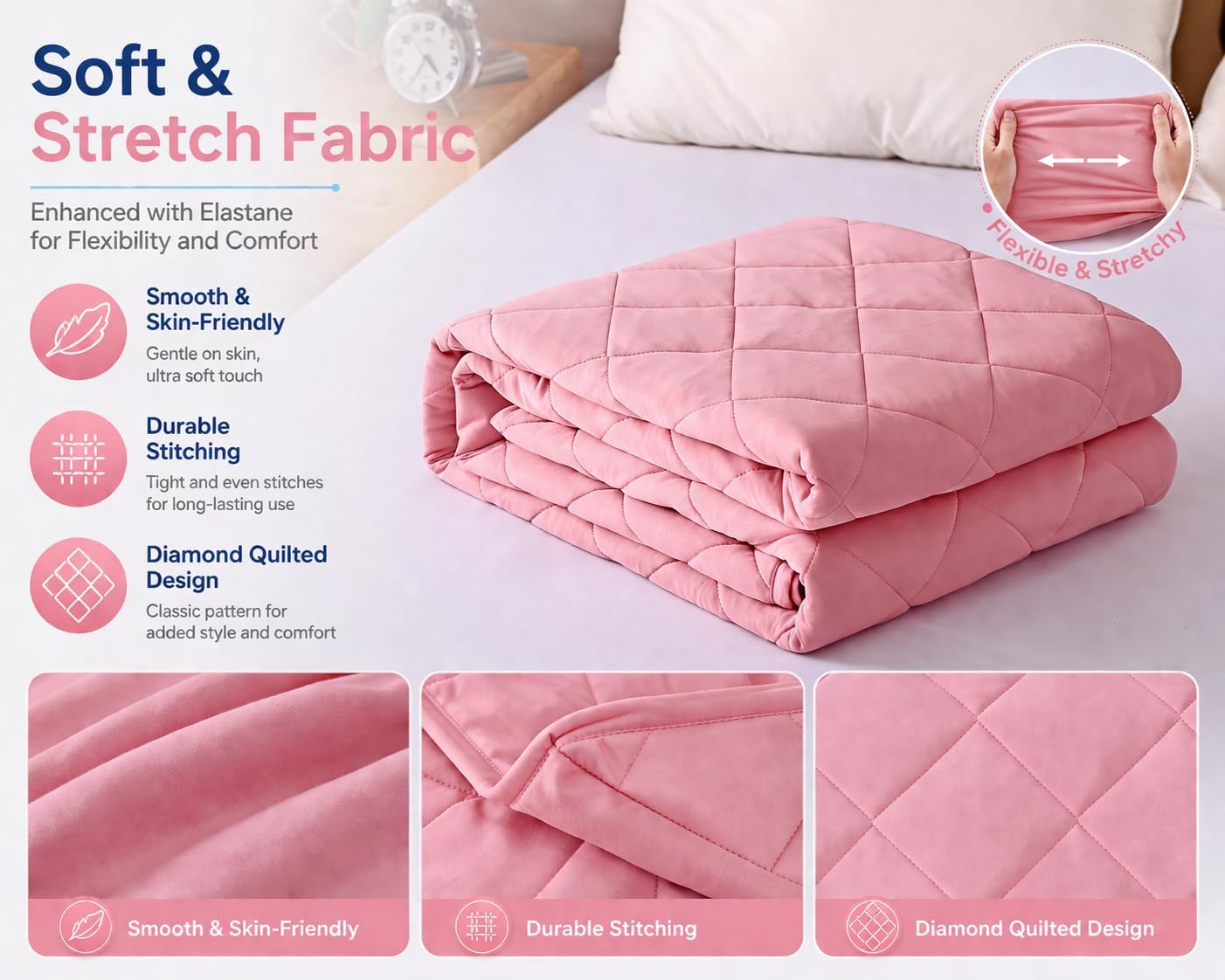 EVOLIVE Cooling Quilt, Diamond Quilted Elastane Lightweight Comforter, Reversible Breathable Soft All Season Bedspread with Elastane (Pink, Twin)