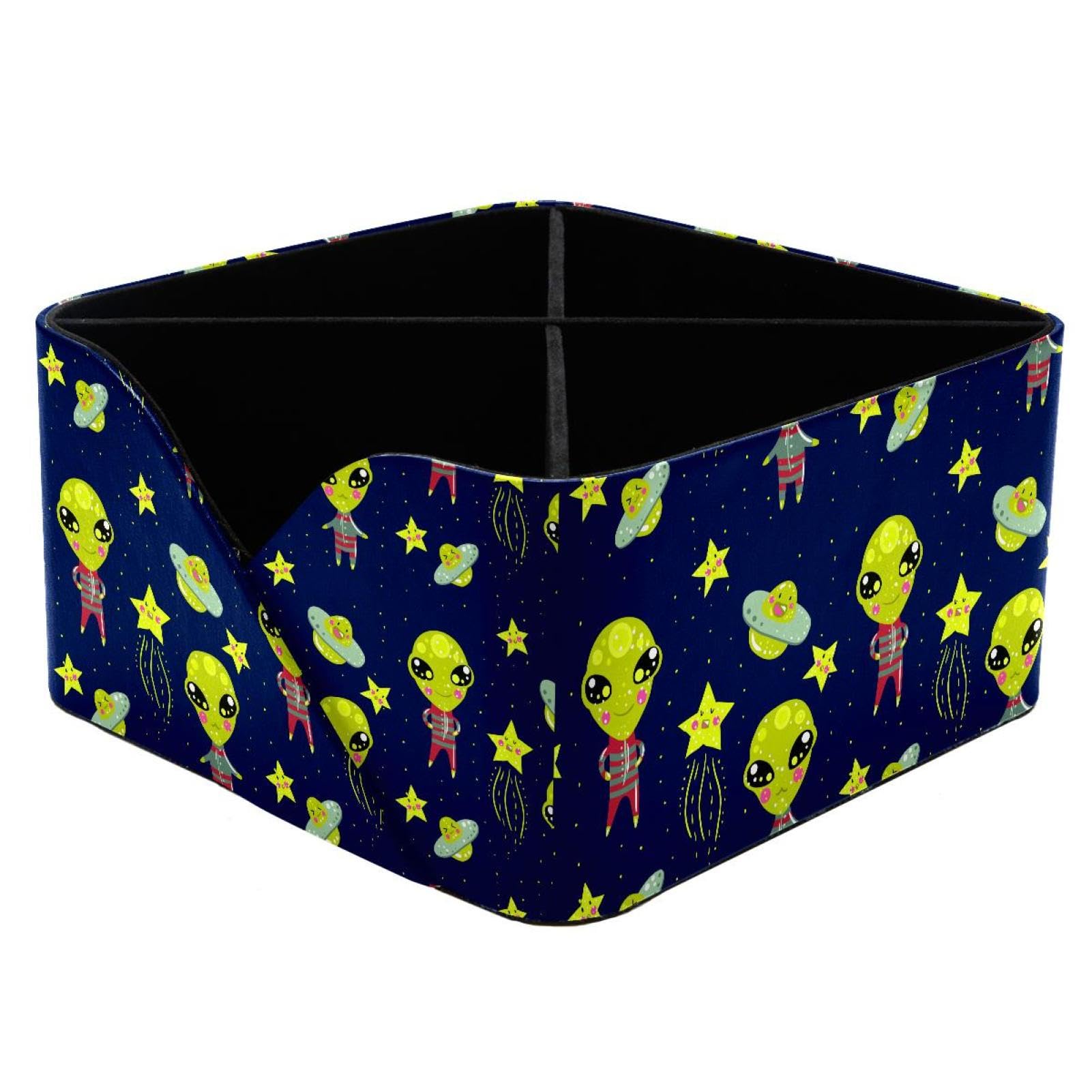 KengjuTesu Funny Alien UFO Satr Pattern Desktop Organizer Pen Holder, Rectangular Pencil Cup for Office, Study and Makeup Stations