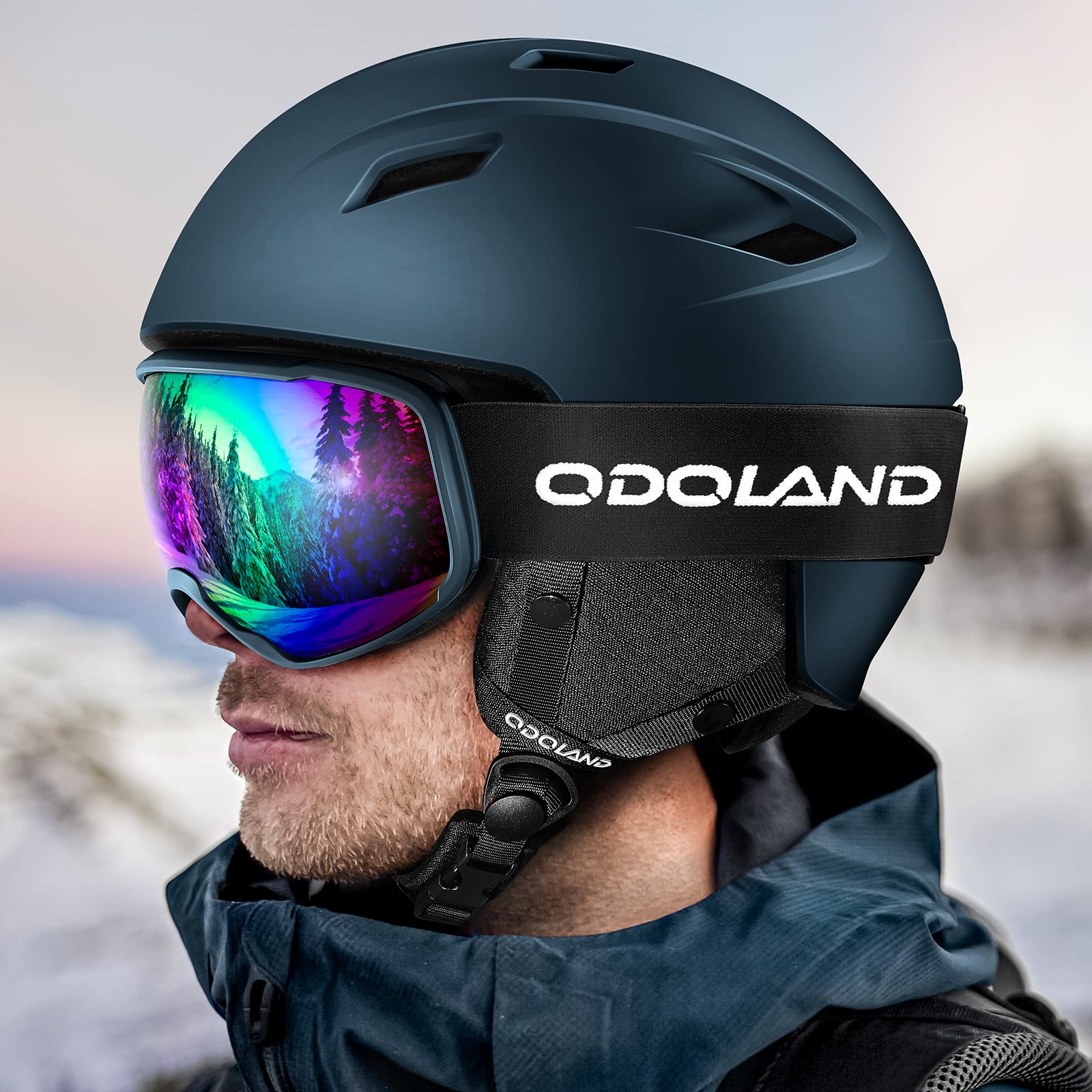 Odoland Zestaw kasków i gogli narciarskich, okulary snowboardowe dla mężczyzn, kobiet i młodzieży, odporne na wstrząsy, wiatroszczelne akcesoria do jazdy na nartach, snowboardzie
