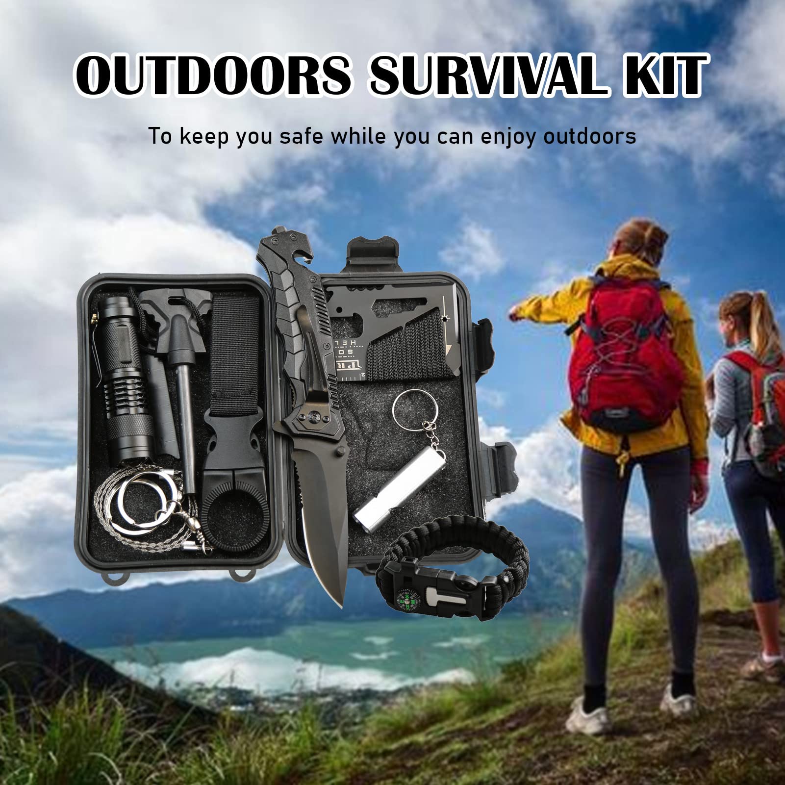 Lixada Kit de Survie d'urgence 10 en 1, Multifunctional Survival Kit de Survie et de Secours en Plein air Multi-Outils extérieur Fournitures de Premiers Soins pour Le Camping Randonnée Chasse Pêche