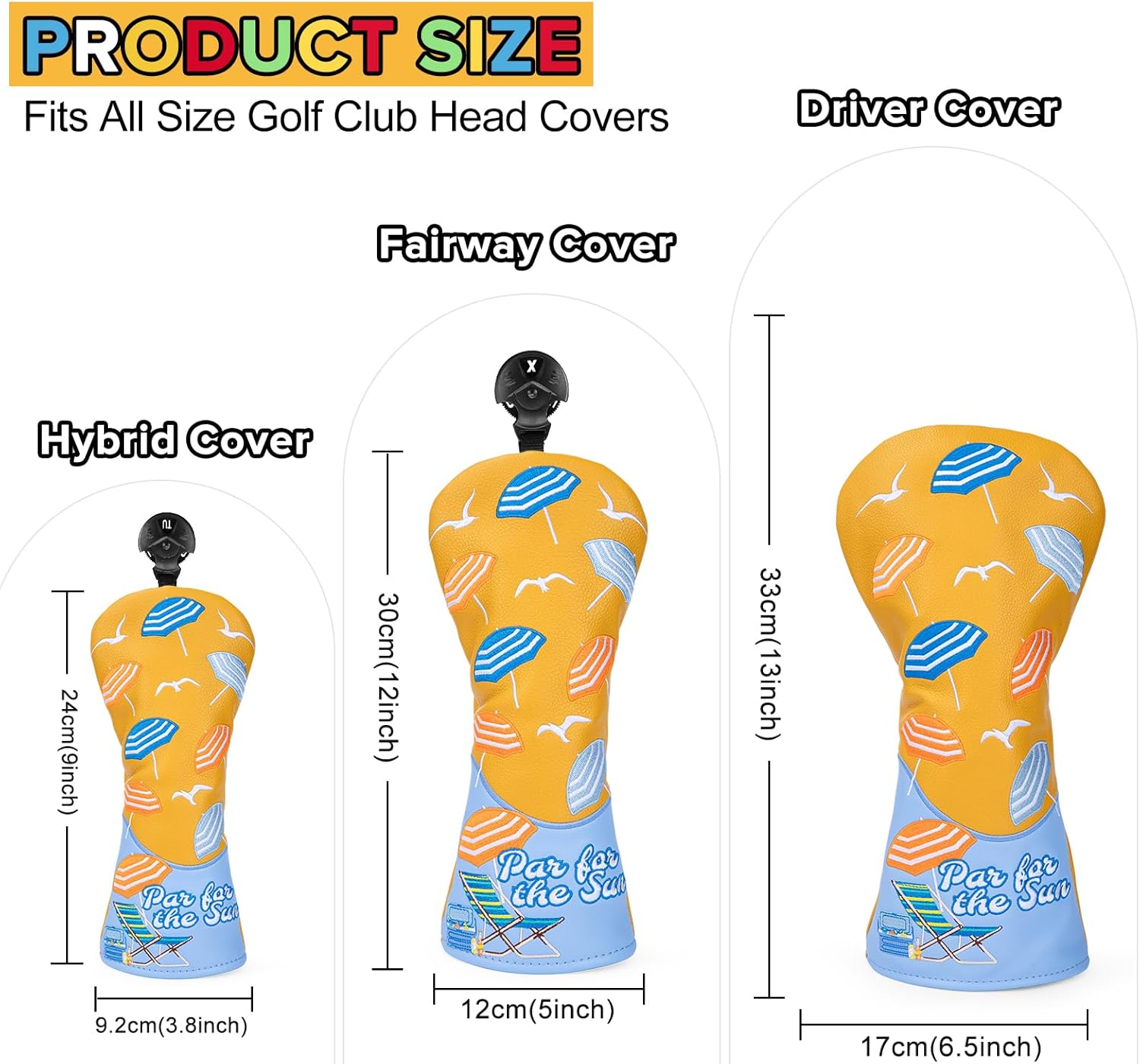 Golf Club Head Covers, Summer Beach Umbrellas Golf Driver Covers, Fairway Wood and Hybrid Head Covers with Interchangeable Tags, Premium PU Leather Golf Club Covers