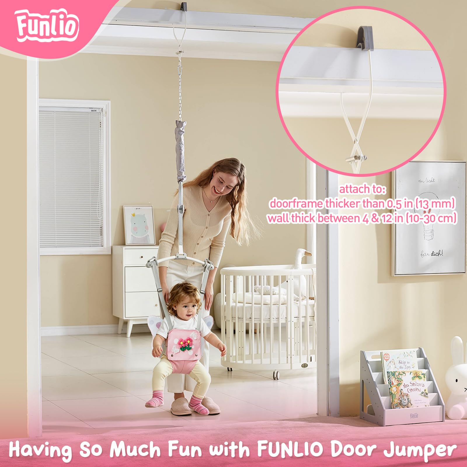 FUNLIO Baby Türhopser für 6–24 Monate (mit Türklemme), Baby Jumper mit starker Feder/verstellbarem Riemen, einfach zu montieren und zu lagern Baby Hopser, Tragfähigkeit 18 kg – Rosa Schmetterling