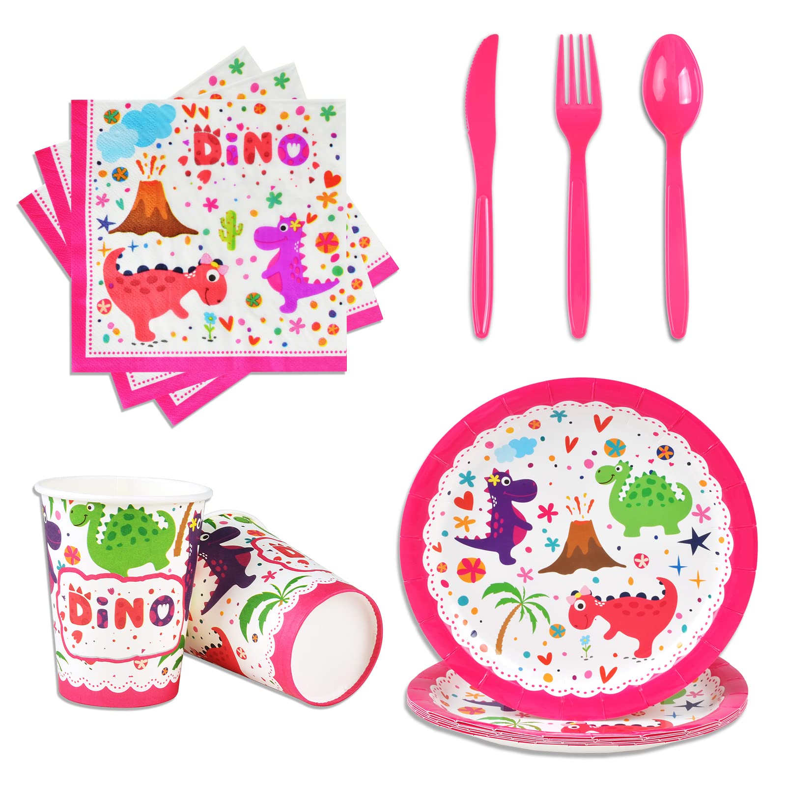 Photo 1 of 144 Pieces Dinosaur Birthday Party Supplies Serves 24, Dinosaur Dinnerware Set Including Plates Napkins Cups and Cutlery, for Boys and Girls Birthday Party (144 Pieces Pink Dinosaur Plates)