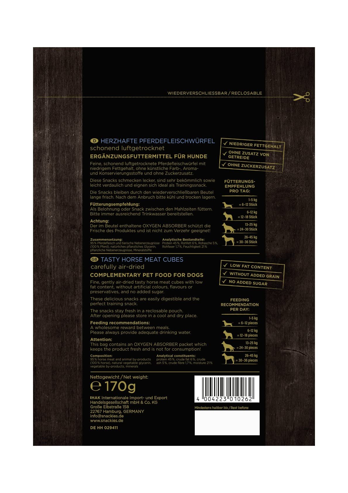 SNACKIES 16er-Pack (à 170g) Hundeleckerli Pferdefleischwürfel Premium Snacks für Hunde ohne Zusatz von Getreide, Zucker, Farb-, Aroma- und Konservierungsstoffe, luftgetrocknete Leckerli