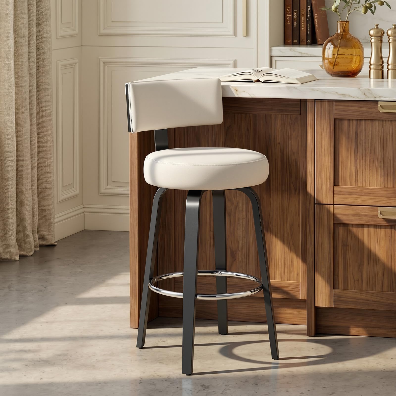 swivel counter height bar stools, 26" upholstered faux leather barstools with back, mid century modern counter stools with black walnut wood legs for kitchen island, white