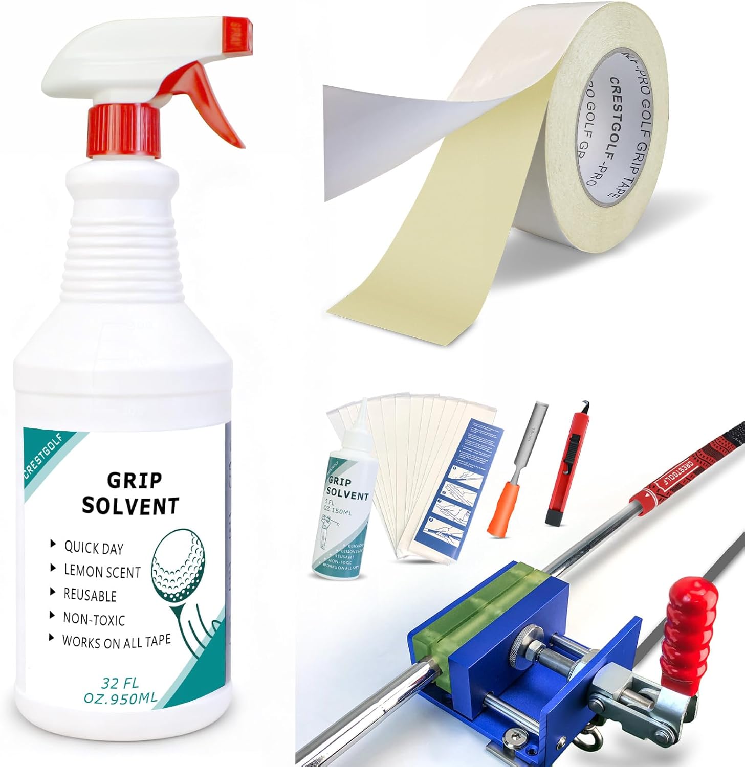 Crestgolf Golf Repair Kit Drill-Free & Drill Installation for Regripping Golf Clubs, Inlcudes 13PCS Grip Tapes, Hook Knife, Solvent, Grip Tape Remover and Aluminum Vise Clamp for Home or Workshop