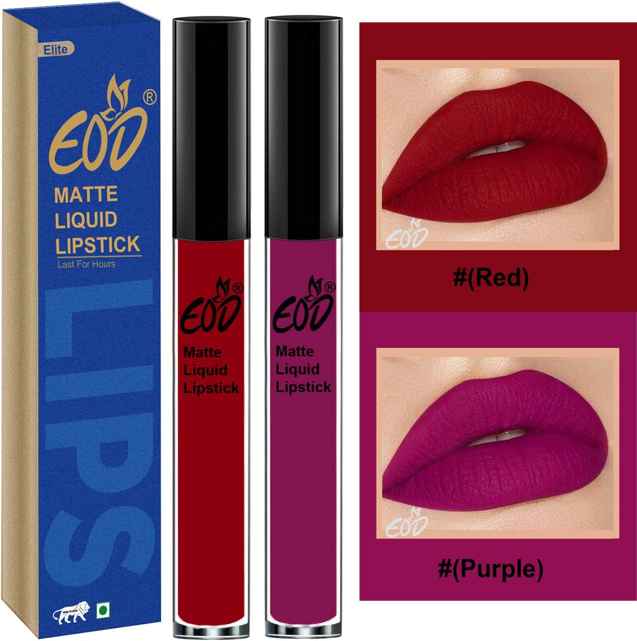 EOD® Soft Matte Kiss Proof Vegan Made in India Liquid Lipstick Long Wearing Set of 2 Lip Gloss(Red, Purple)