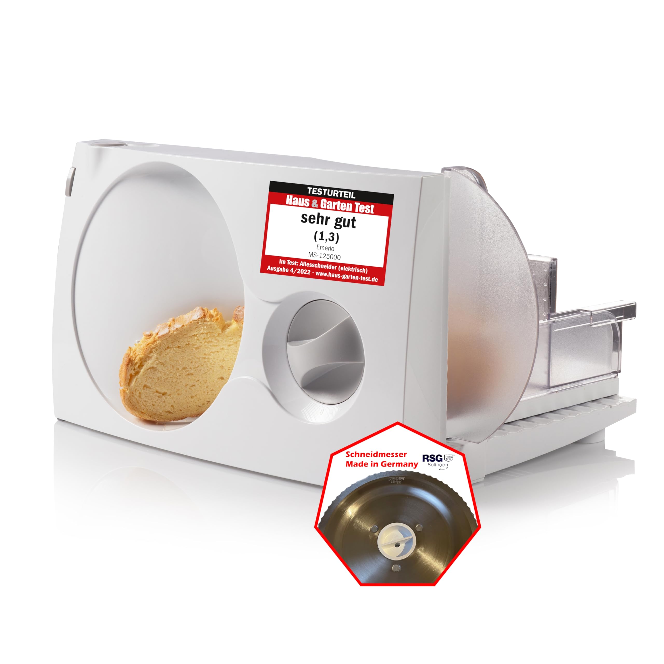 Emerio MS-125000 All-Purpose Slicer, Stainless Steel Knife Unit Made in Germany, Adjustable 0-17 mm, BPA-Free, Space-Saving, Foldable, with Safety Switch, Eco 100 Watt, White