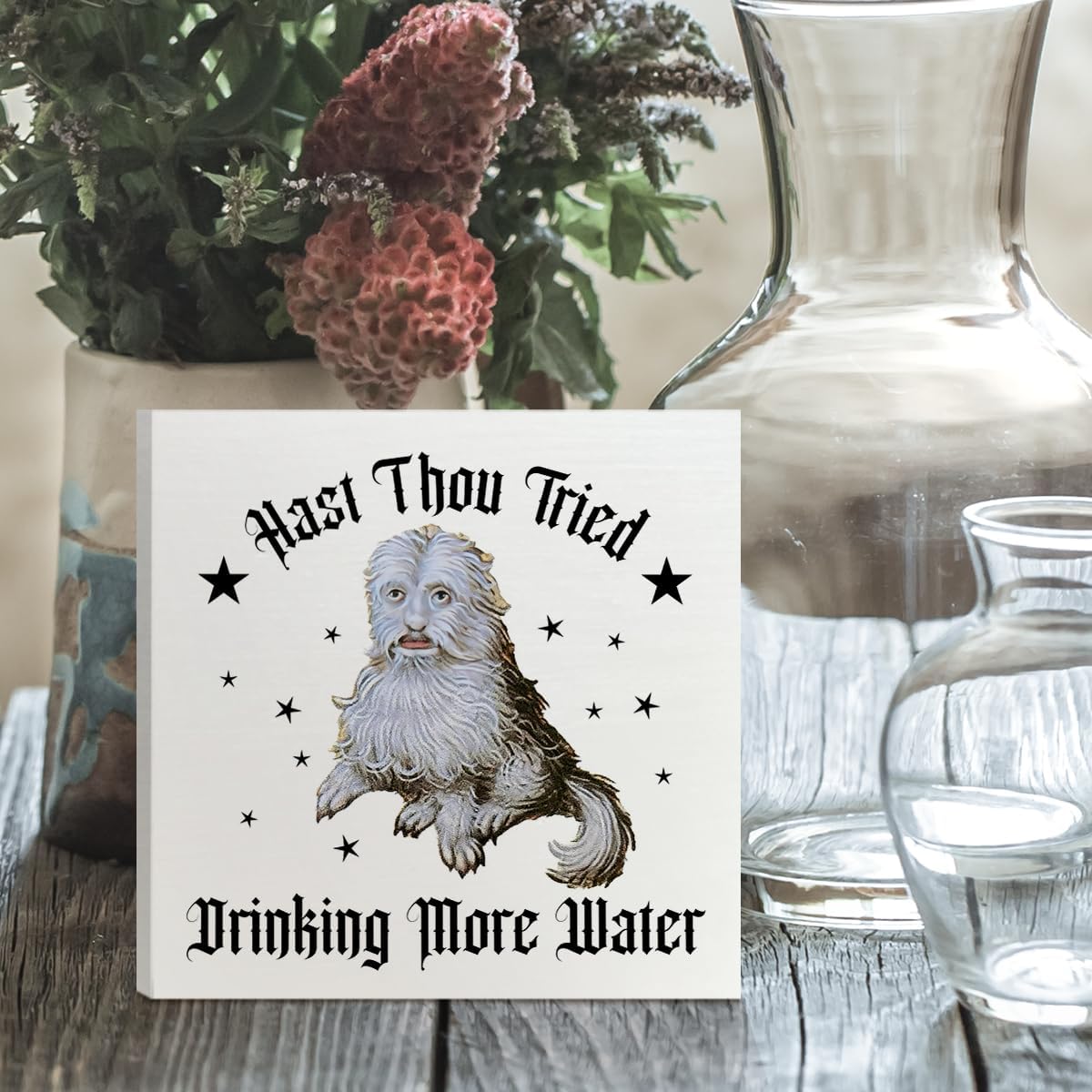 Hast Thou Tried Drinking More Water Funny Medieval Dog Wooden Box Sign Office Desk Decor, Medieval Humor Drink More Water Office Desk Accessories Decor Wood Box Sign for Women Men image 4