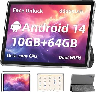 TUOHAITIME Android 14 10.1 Inch Tablet: Octa-Core 10GB RAM 64GB+512GB, WiFi 6, 6000mAh Battery, Widevine L1, Google Kids Space - Black