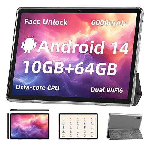 TUOHAITIME Android 14 Tablet,10 inch Tablets, Octa Core CPU, 10GB+64GB+512GB Expansion, 1280x800 Display Screen, Wi-Fi6, Dual Cameras, 6000mAh Battery,Support Widevine L1 Google Kids Space,Black